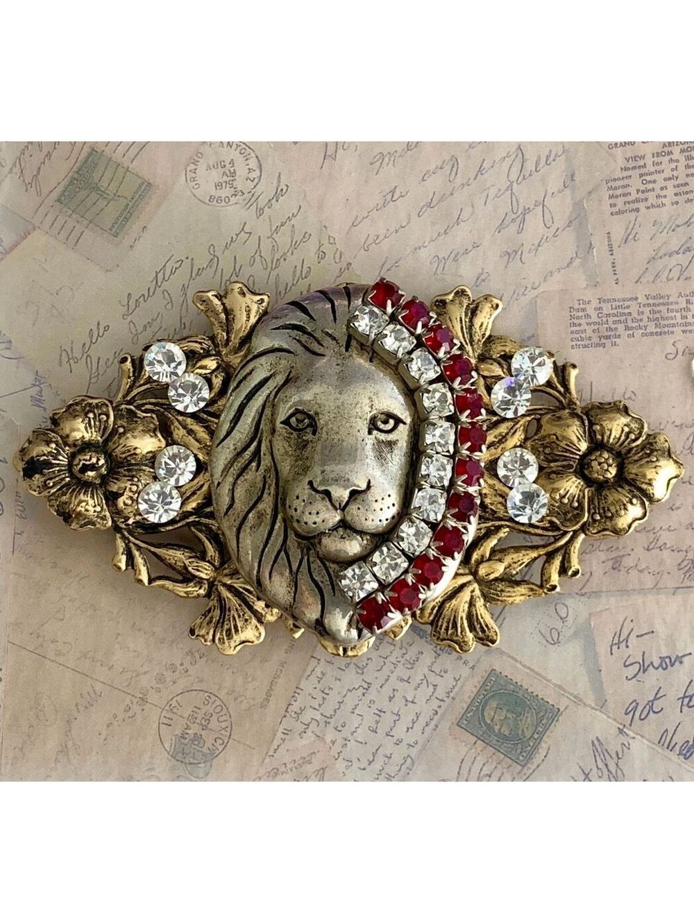 Handmade Magnet Brooch with Swarovski Crystals Regal Lion Head Floral Brooch